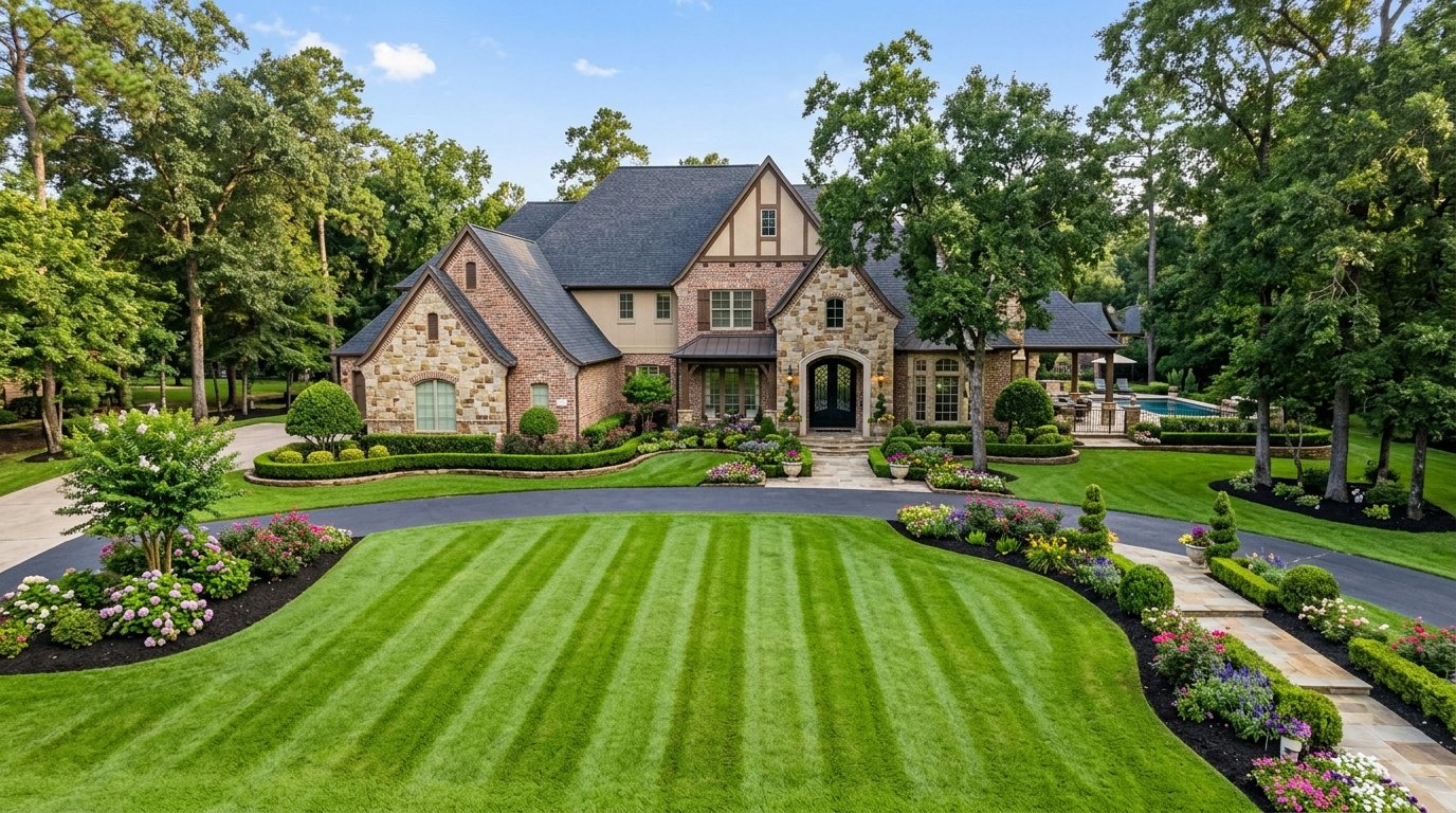 Manicured green lawn and luxury home in Kingwood Texas