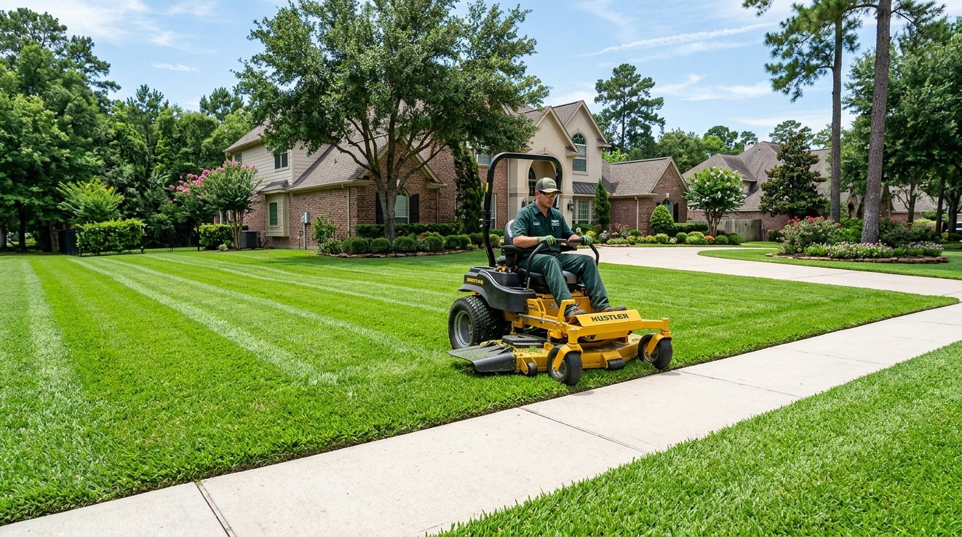Commercial zero-turn mower cutting striped lawn in Kingwood