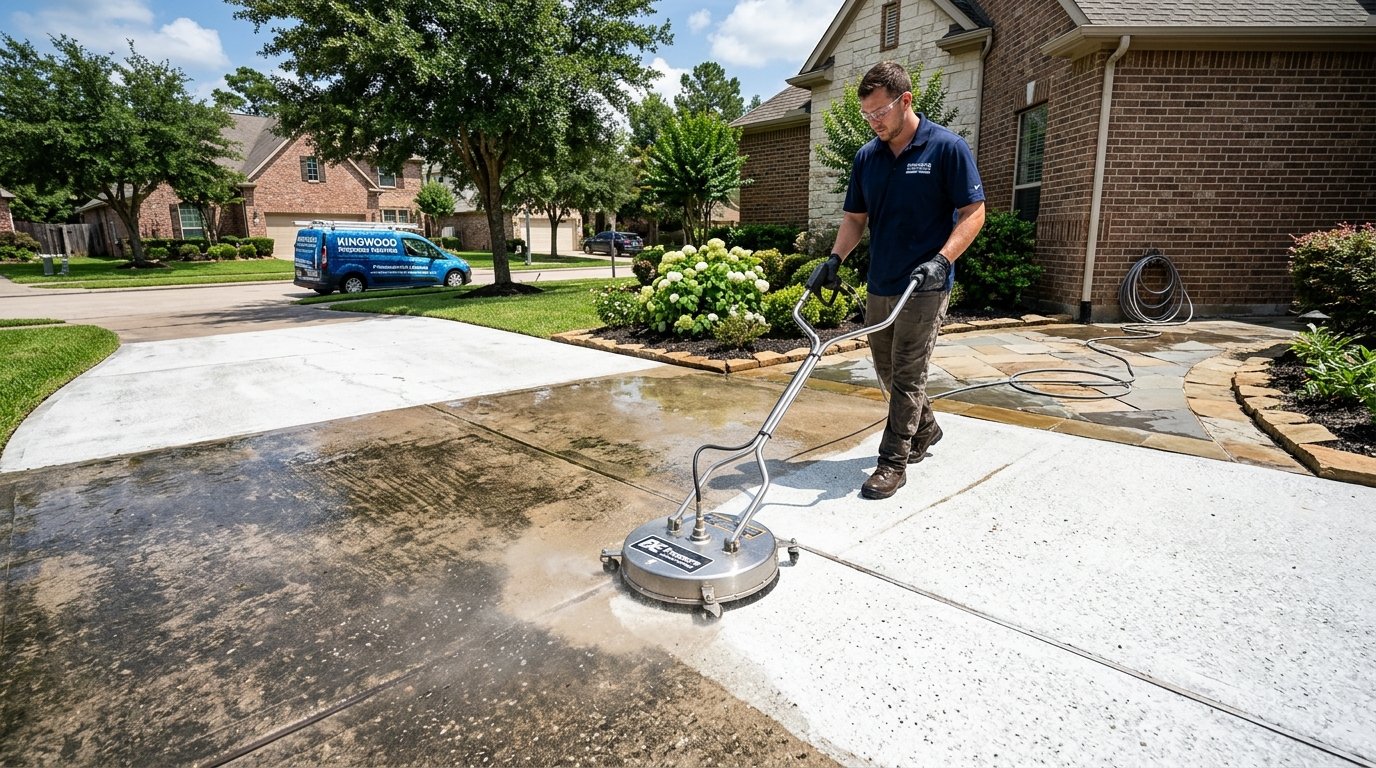 High pressure washing concrete driveway in Kingwood