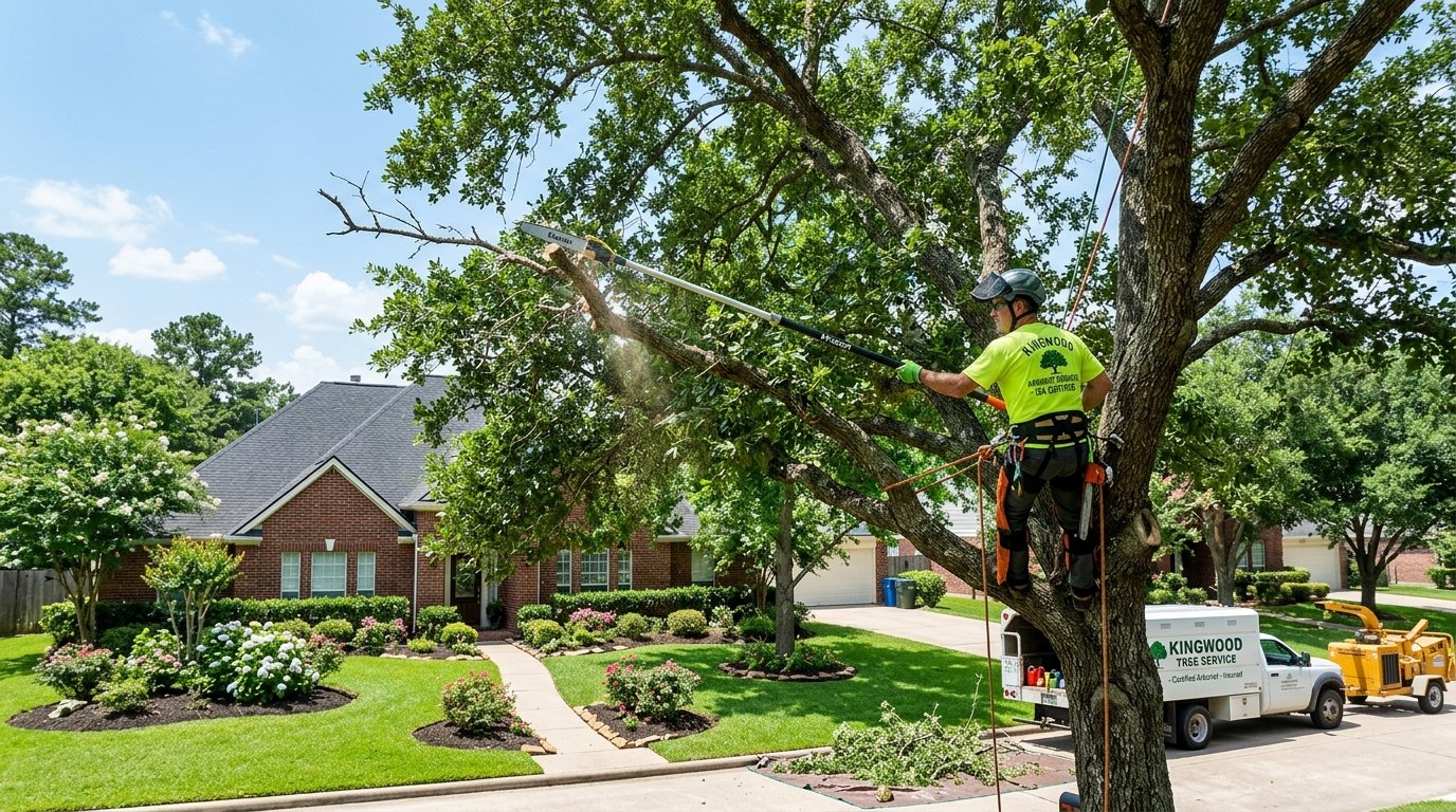 Professional arborist pruning tree canopy in Kingwood